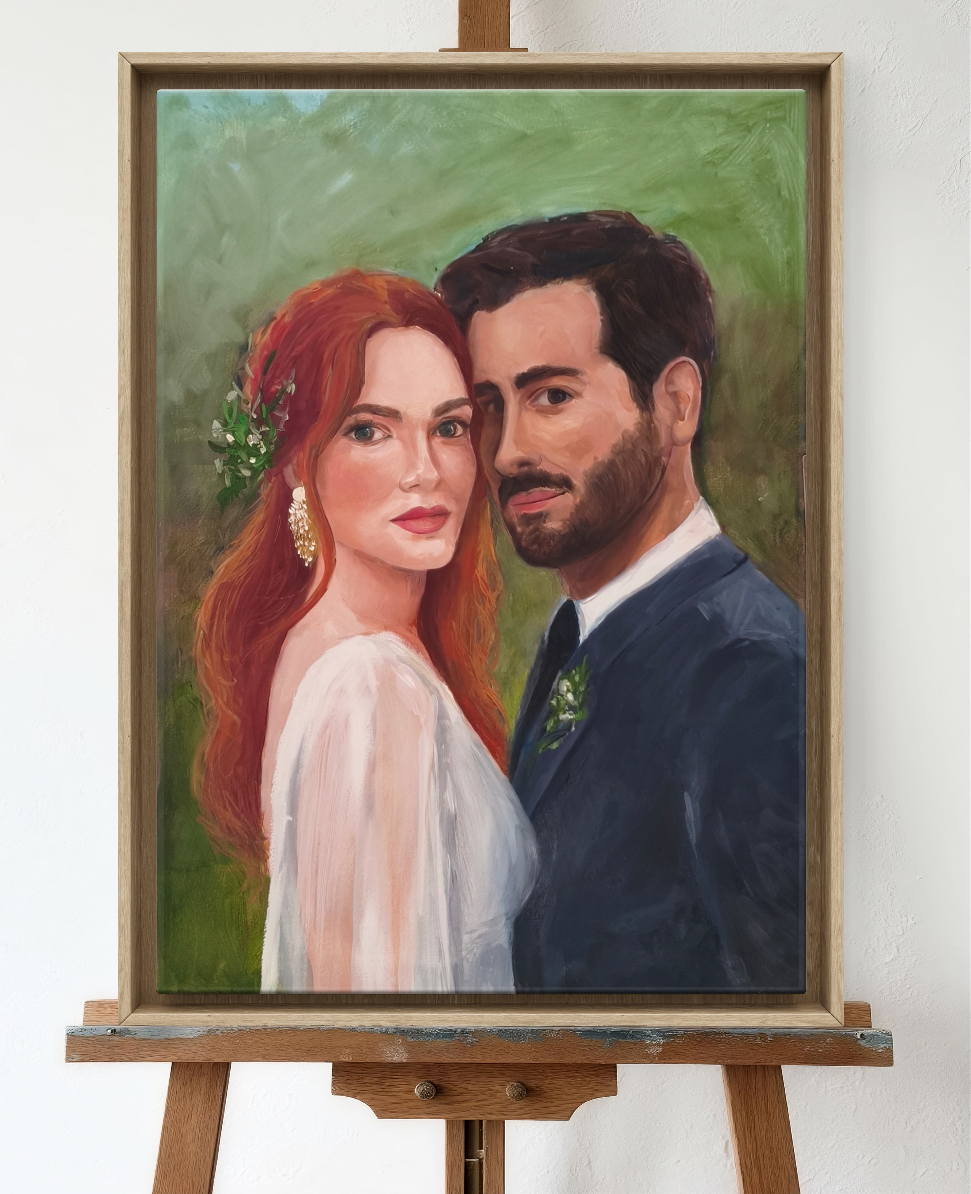 Live wedding painting created on the day — couple at the altar, Spain
